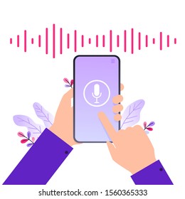 Personal assistant and voice recognition on mobile app. Concept flat vector illustration of human hand holds smartphone with microphone button on screen and voice and sound imitation lines