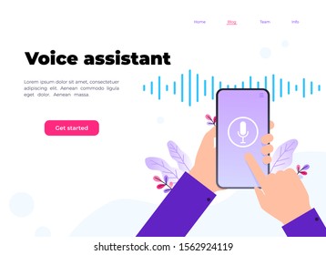 Personal assistant and voice recognition on mobile app. Concept flat vector illustration of human hand holds smartphone with microphone button on screen and voice and sound imitation lines