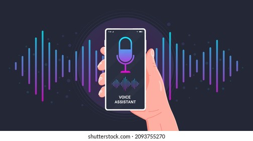 Personal assistant and voice recognition on mobile app. Illustration of human hand holds smartphone with microphone button on screen and voice and sound imitation waves.