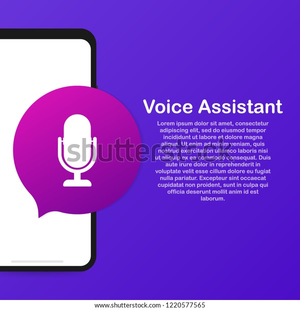 Personal assistant and voice recognition on mobile app.\
Concept flat vector illustration of human hand holds smartphone\
with microphone button\
