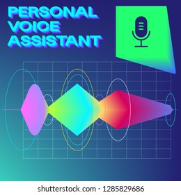 Personal Assistant and Voice Recognition Vintage Concept of Sound Wave Intelligent Technologies. Microphone Button on a Button with Bright Voice and Sound Imitation and Record Waves