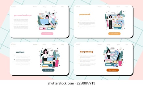 Personal assistant web banner or landing page set. Professional help and support for a businessperson. Worker day planning and paperwork and meetings assisting. Flat vector illustration