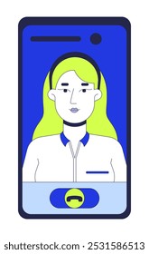 Mulher assistente pessoal na tela do telefone celular objeto de desenho animado 2D. Blonde vídeo feminino formal. Vídeo chamada smartphone isolado elemento plano vetor clipart no fundo branco. Ilustração pontual