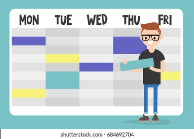 Personal assistant. Young character planning a schedule / flat editable vector illustration, clip art