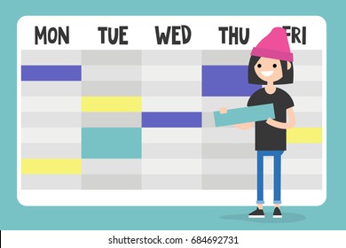 Personal assistant. Young female character planning a schedule / flat editable vector illustration, clip art