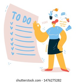 Personal assistant, young woman with a completed to-do list.Put your business on me concept.Multitasking helper. There are many to-do list tasks around her.Vector illustration.