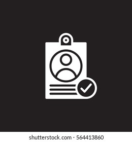 Personal badge with check mark icon vector, filled flat sign, solid white pictogram isolated on black. User id verified symbol, logo illustration