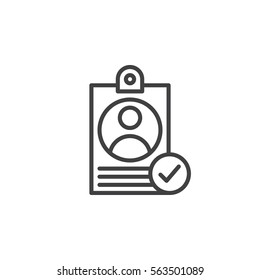 Personal Badge With Check Mark Line Icon, Outline Vector Sign, Linear Pictogram Isolated On White. User Id Verified Symbol, Logo Illustration