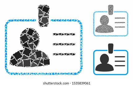 Personal badge composition of unequal pieces in various sizes and color hues, based on personal badge icon. Vector tuberous pieces are combined into collage.