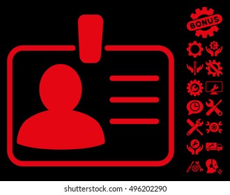 Personal Badge icon with bonus tools images. Vector illustration style is flat iconic symbols, red color, black background.
