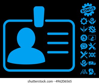 Personal Badge icon with bonus tools symbols. Vector illustration style is flat iconic symbols, blue color, black background.