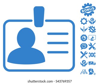 Personal Badge icon with bonus tools clip art. Vector illustration style is flat iconic symbols, cobalt color, white background.