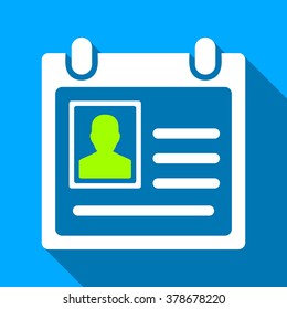 Personal Badge long shadow vector icon. Style is a flat light symbol with rounded angles on a blue square background.