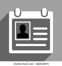 Personal Badge long shadow vector icon. Style is a flat personal badge black and white iconic symbol on a gray square background.