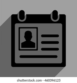 Personal Badge long shadow vector icon. Style is a flat personal badge black iconic symbol on a gray square background with longshadow.
