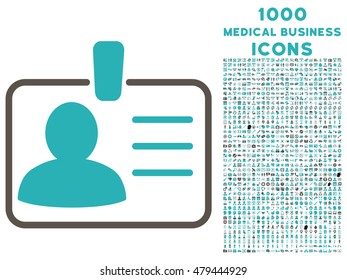 Personal Badge vector bicolor icon with 1000 medical business icons. Set style is flat pictograms, grey and cyan colors, white background.