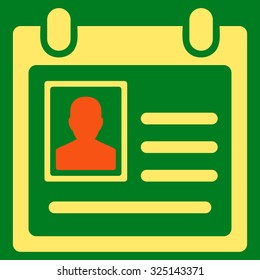 Personal Badge vector icon. Style is bicolor flat symbol, orange and yellow colors, rounded angles, green background.