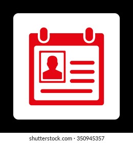 Personal Badge vector icon. Style is flat rounded square button, red and white colors, black background.