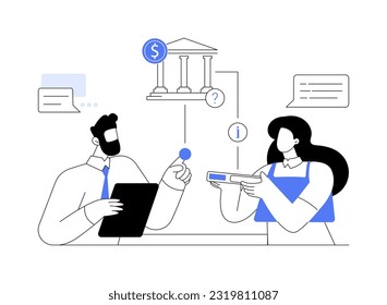 Personal bank assistant abstract concept vector illustration. Businessman talking with brick and mortar bank consultant, professional financial advisor, personal assistance abstract metaphor.