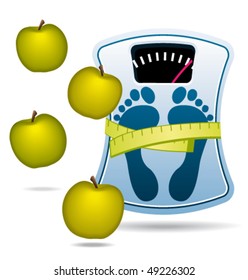 Personal bathroom scale with apples for diet or healthcare concept. Vector illustration.