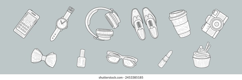 Personal Belonging and Stuff Hand Drawn Sketch Vector Set