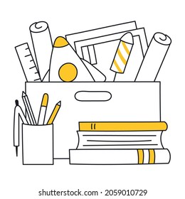 Personal Belongings In A Box, A Container With Work Items - A Rocket, Books, Notebooks, Photographs, Plans,  Stationery, Office Items. You've Fired Concept, Memories. Thin Line Yellow Vector