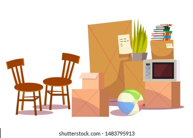 Personal belongings flat vector illustration. Moving to new apartment, relocation. Transportation business, freight service. Cardboard boxes with notes. Kitchen chairs, inflatable ball and houseplant