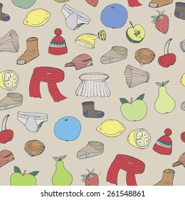 Personal belongings and fruits mixture background wallpaper for decoration  