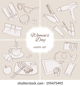Personal belongings of girls. Vector.