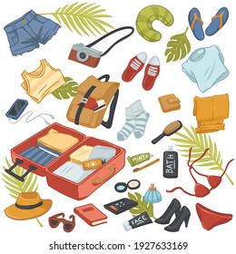 Personal belongings packed for summer holiday, weekends or vacation. Luggage with clothes, camera and hygiene cosmetics products. Swimming suit and brush, book and glasses. Vector in flat style