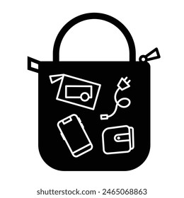 Personal belongings in tote hand bag icon sign illustration isolated on square white background. Simple flat cartoon art styled drawing for poster prints.