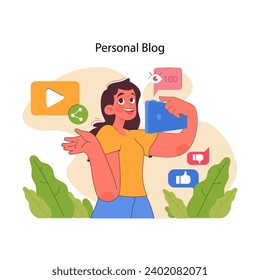Personal blog concept. Enthusiastic young woman blogger capturing moments, engaged in social media interaction. Celebrates digital storytelling and self expression. Flat vector illustration