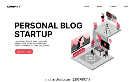 Personal Blog Startup. Vlogging. Horizontal Web Landing Page. Vector illustration
