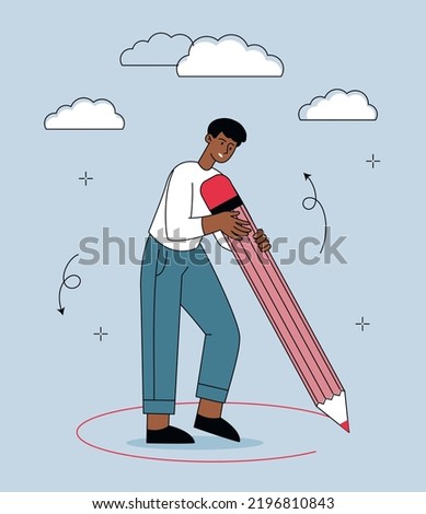 Personal borders concept. Man with pencil draws red circle. Psychology and mental health, relationships. Closed person, introvert. Lonely young stressed guy. Cartoon flat vector illustration