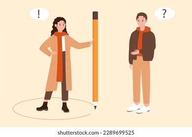 Personal borders and privacy protection vector illustration. Cartoon tiny woman holding pencil, drawing circle line, obstacle to outline healthy and comfort boundaries of interaction with man