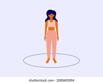 Personal boundaries, area or space concept. Isolated female standing inside drawn circle. Self isolation, dividing line. Separate single woman vector illustration. Social distance, border. Locked girl