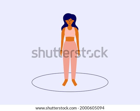 Personal boundaries, area or space concept. Isolated female standing inside drawn circle. Self isolation, dividing line. Separate single woman vector illustration. Social distance, border. Locked girl