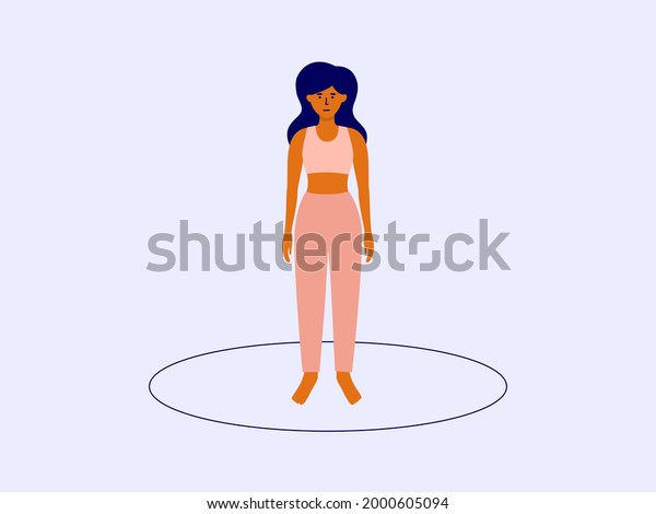 Personal boundaries, area or space concept. Isolated\
female standing inside drawn circle. Self isolation, dividing line.\
Separate single woman vector illustration. Social distance, border.\
Locked girl
