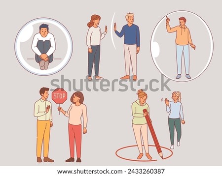 Personal boundaries. Attempts to invade private space, social distance, psychological constraints, protecting and violating, men and women in bubble, drawing red line, vector cartoon set