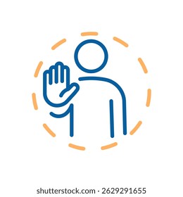 Personal boundaries icon. Vector thin line illustration with editable stroke representing self protection, emotional limits and mental wellness. Person with open palm stop gesture with circle around
