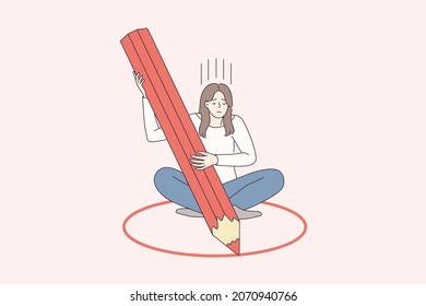 Personal boundaries and loneliness concept. Young frustrated woman cartoon character sitting in small red circle drawing with pencil feeling not free vector illustration 