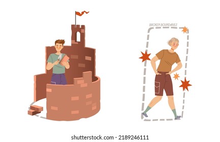 Personal Boundaries with Man Building Brick Castle and Broken Space for Social Interaction Vector Set
