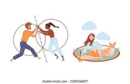 Personal Boundaries with Man and Woman Creating Space Being Inside Their Circle Avoiding Social Interaction Vector Set