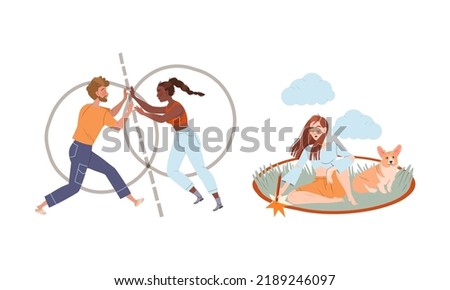 Personal Boundaries with Man and Woman Creating Space Being Inside Their Circle Avoiding Social Interaction Vector Set