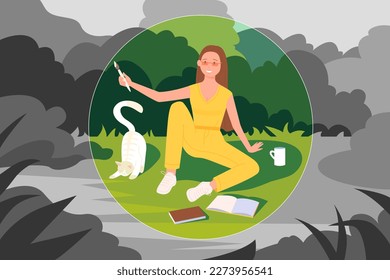 Límites personales, ilustración del vector de privacidad. Caricatura de una joven dibujando con brocha un espacio tranquilo para cerrar un globo de consuelo, aislado introvertido sentado dentro de una burbuja segura con gato y libros de lectura