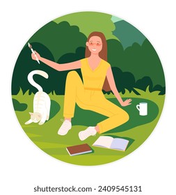 Personal boundaries, privacy vector illustration. Cartoon young woman drawing with brush calm space to close comfort balloon, isolated introvert sitting inside safe bubble with cat and reading books