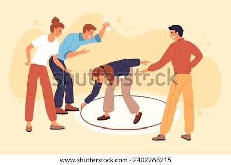 Personal boundaries violation. Private space protection. Girl drawing circle around herself with chalk. Avoid social conflict communication. Delineate borders. Garish