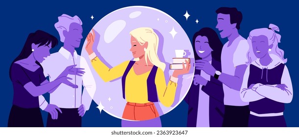 Personal boundary between person and crowd of people vector illustration. Cartoon young woman introvert holding glass bubble with comfort space to avoid unwanted communication and interaction