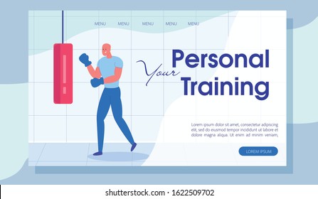 Personal Boxing Training for Body Health and Strength Development. Flat Landing Page Layout Design. Male Boxer Exercising to Beat Punching Bag Practicing Blows. Vector Cartoon Illustration