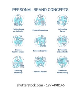 Personal brand blue concept icons set. Advancing career. Positive impact. Skills improvement. Self promotion idea thin line RGB color illustrations. Vector isolated outline drawings. Editable stroke